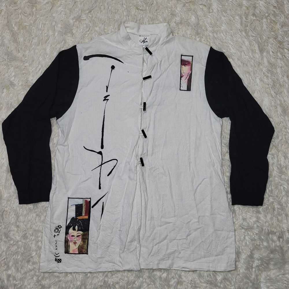Hand Printed / Painted By Ahni Linen Rayon Tops Size 2 Art To Wear White Black